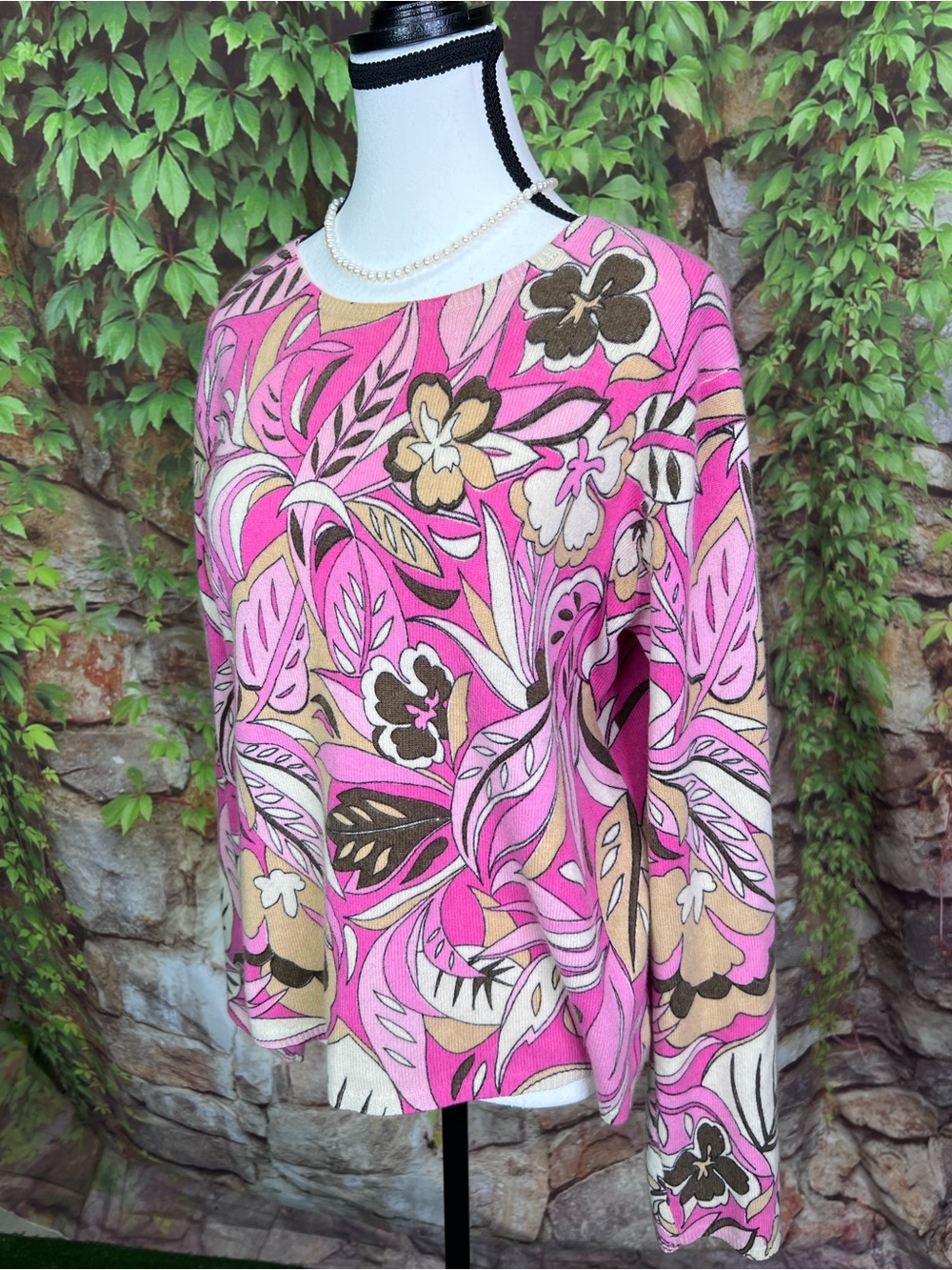 KINROSS Pink Floral Pattern 100% Cashmere Luxury Mod Crewneck Sweater, L - Picture 3 of 11
